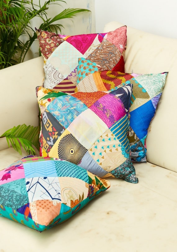 Recycled Patchwork Indian Sari Multi Colour Patchwork Cushion Covers 45 Cm X 45 Cm Each Cushion is Individual Etsy