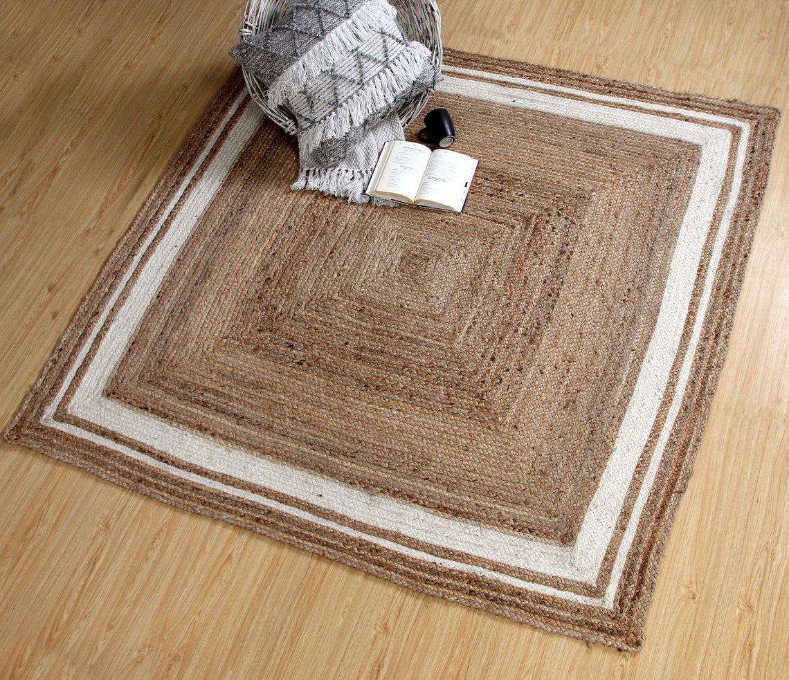 KHIDAKEE Braided Square Rug Jute with White Border Small Etsy