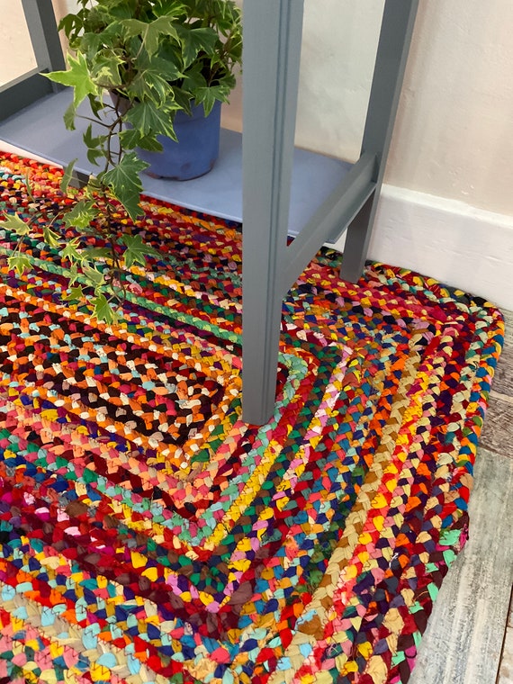 SUNDAR Braided Area Rug Hand Made Flat Weave Multi Colour Recycled Fabric  Small Medium Large or Runner 