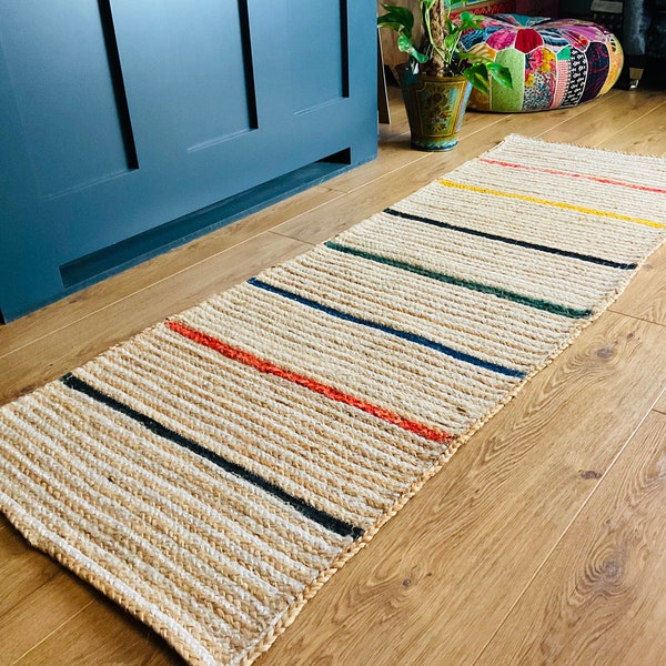 Natural Braided Jute Rug With Coloured Stripes Runner 60 cm x 180 cm