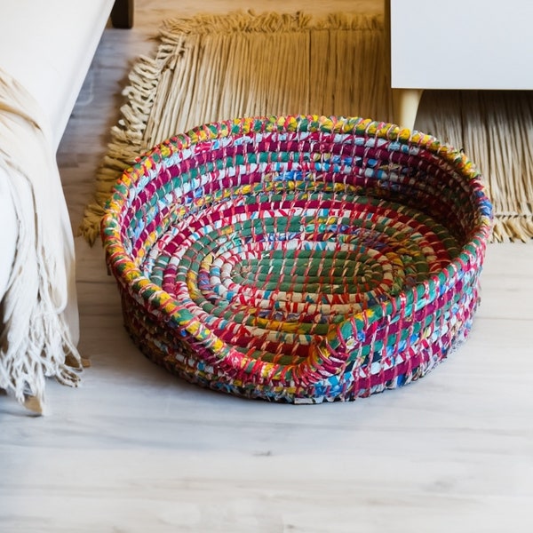 Multi Colour Small Recycled Sari Basket Suitable for a Small Dog or Cat