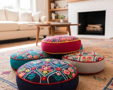 Stylo Culture Cuscino Da Terra Rotondo In Cotone Vintage Patchwork Ricamato Rosso 80x80 Hassock Floor Copripiumino