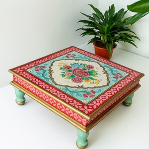 Vintage Handcrafted Hand Painted Red Blue Mango Wood Bajot Coffee Side Table