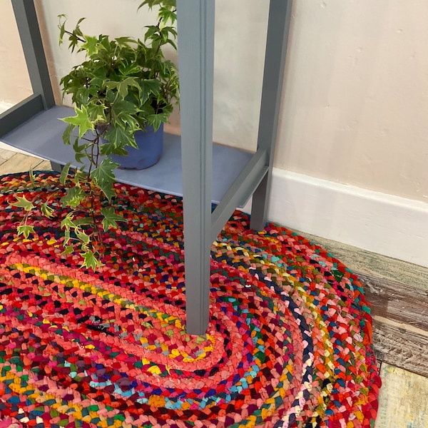 SUNDAR Tapis ovale tressé tissé plat fait à la main avec tissu recyclé multicolore - Petit moyen grand ou runner