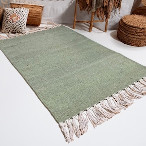 Plain Cotton Yarn Recycled Rug In Olive Green Two Sizes Available 60 cm x 90 cm or 75 cm x 135 cm