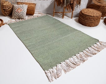 Plain Cotton Yarn Recycled Rug In Olive Green Two Sizes Available 60 cm x 90 cm or 75 cm x 135 cm