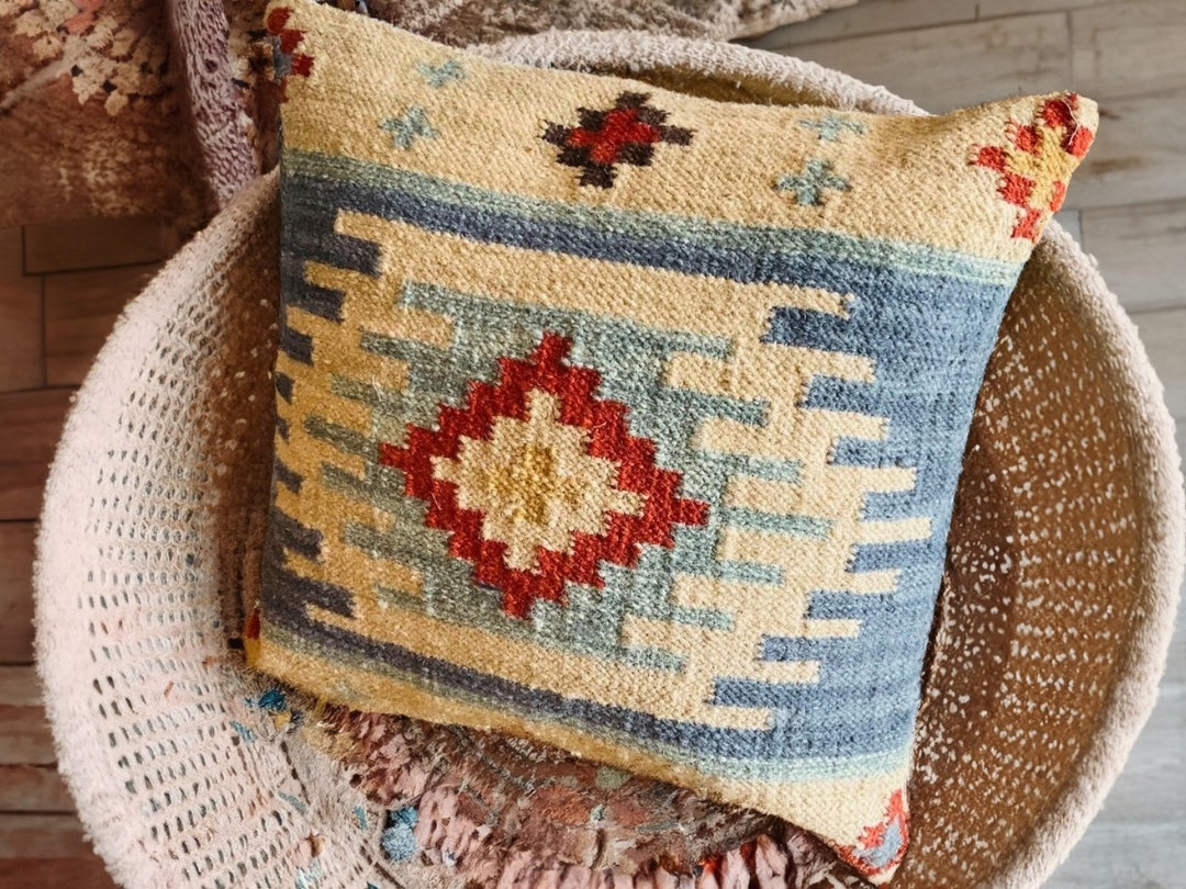 Natural Blue Wool and Cotton Kilim Cushion Covers With a Geometric