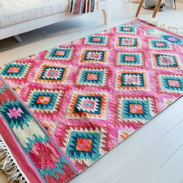 Pink Diamond Multi Colour PET Hand Loomed Kilim Rug Various Sizes Available