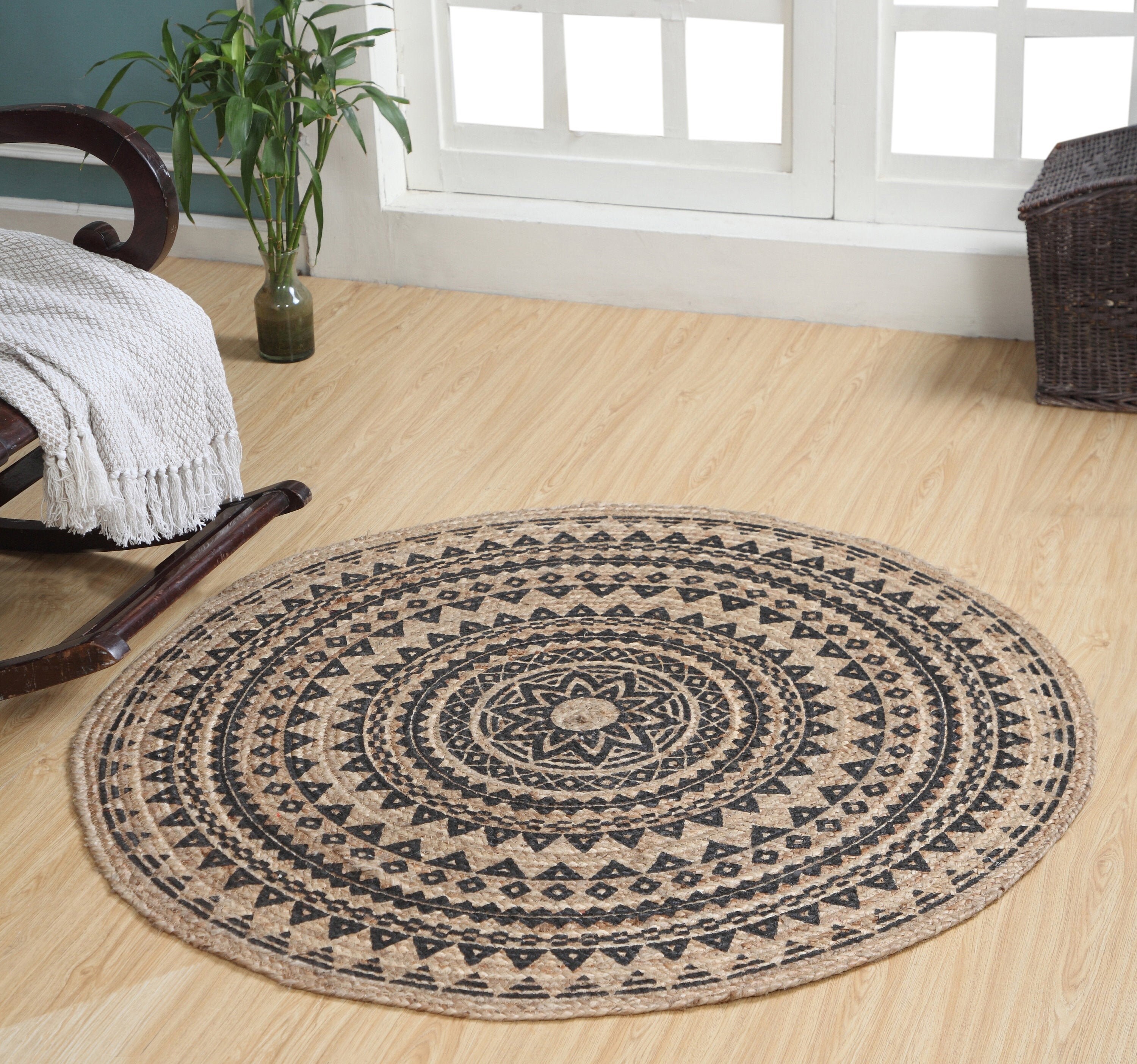 MANDALA Round Braided Jute Rug With Blockprint Indian Black Etsy UK