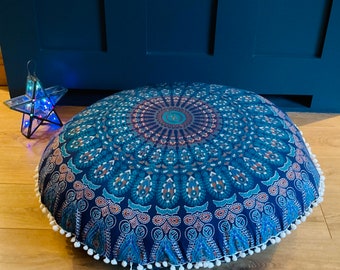 Cotton Turquoise Peacock Design Hand Printed Cotton Floor Cushion Cover or Cushion 82 x 82cm