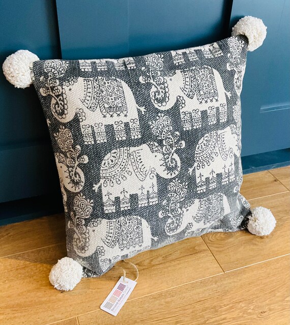 Elephant Print Grey Cushion Covers Soft Cotton With Pom Poms 45 Cm X 45 Cm Etsy UK