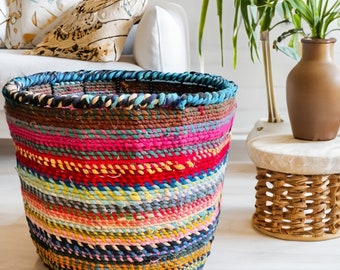 Multi Colour Rainbow Round Basket Iron Framework Recycled Fabric Tall Storage Basket