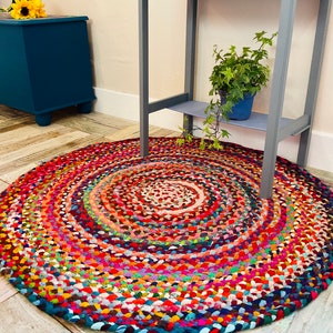 SUNDAR Braided Round Rug Hand Made Flat Weave with Multi Colour Recycled Fabric - Small Medium Large or Extra Large