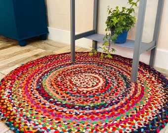 SUNDAR Braided Round Rug Hand Made Flat Weave with Multi Colour Recycled Fabric - Small Medium Large or Extra Large