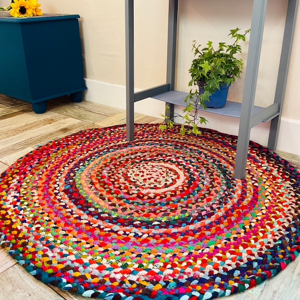 SUNDAR Braided Round Rug Hand Made Flat Weave with Multi Colour Recycled Fabric - Small Medium Large or Extra Large