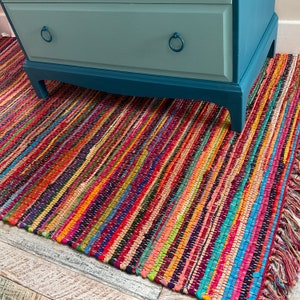 FESTIVAL Our Best Selling Eco Friendly Multi Colour Stripe Fringed Rag Rug Hand Woven Small. Medium Large Square or Rectangle or Runner