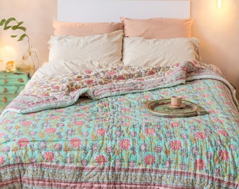 Floral Quilt Reversible Natural Cotton Bedcover With Pastel Colours Block Printed Design 210 cm x 240 cm