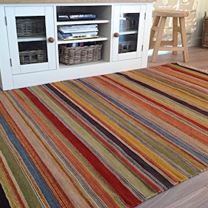 Grand Bazaar Wool Hand Loomed Warm Multicolour Striped Kilim Rug Various Sizes Available image 1