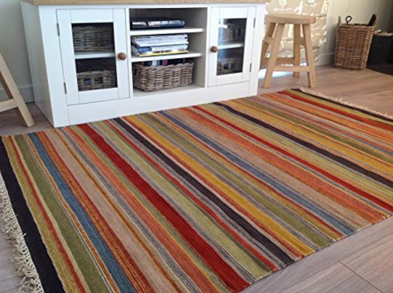 Grand Bazaar Wool Hand Loomed Warm Multicolour Striped Kilim Rug Various Sizes Available image 1