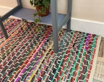 KADAM Multi Colour Rag Rug Woven with Multi Colour Fabrics and Geometric White Stitch Design -Small Medium Large or Runner