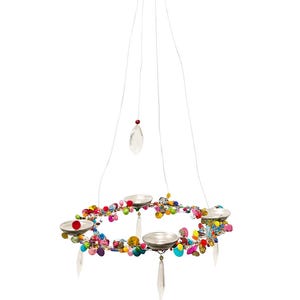 May include: A vibrant chandelier with a circular design. The chandelier features a ring decorated with various coloured beads and small silver candle holders. Clear crystal-like pendants hang from the ring. The fixture is suspended by thin wires.