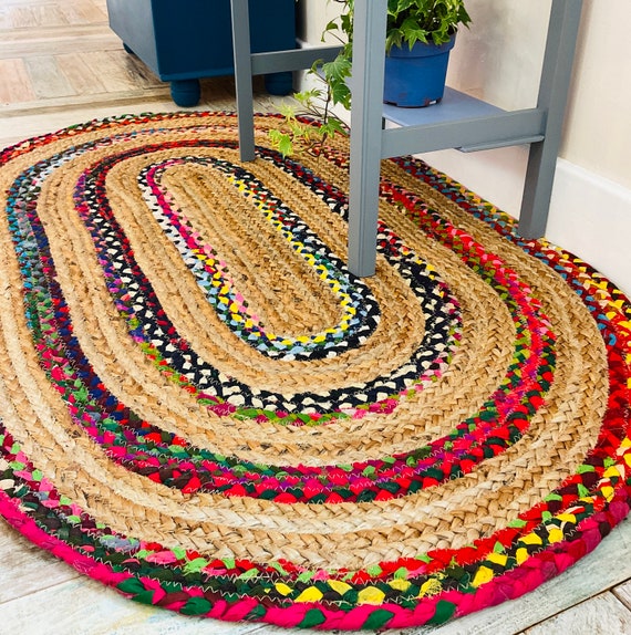 FIESTA Braided Oval Jute Rug Thick Stripe With Natural Fibre and Multi  Colour Recycled Material Small Medium Large or Runner -  Israel