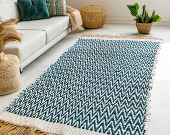 GRETA Soft Bedroom Rug Mallard Blue Herringbone Pattern 70 cm x 115 cm