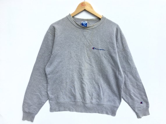 Grey Distressed Champion Script Sweatshirt, Champi