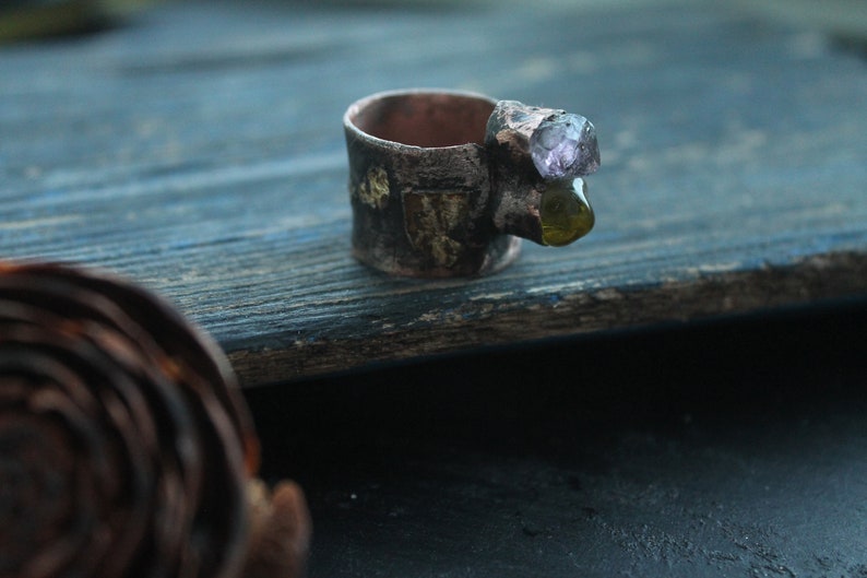ring artisan ring Amethyst and quartz ring copper ring amethyst crystal artisan jewerly mix metal copper and brass copper gift