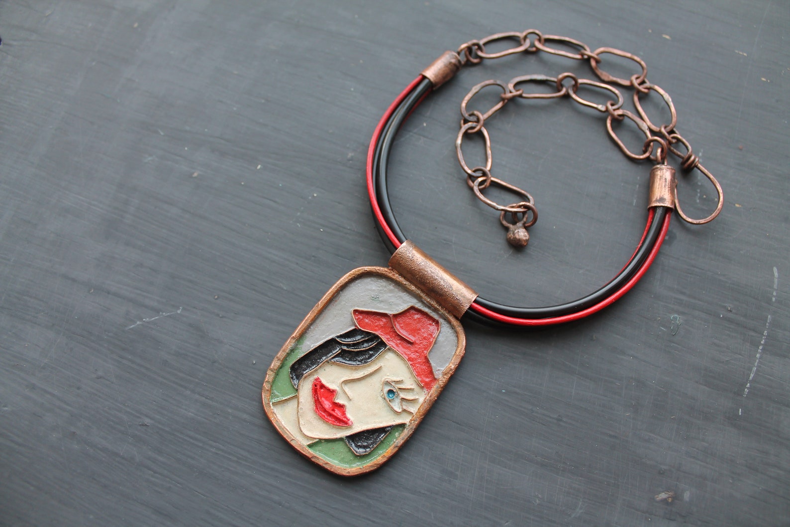 Copper cold enamel necklace Enamel jewelry Face necklace Girl Etsy