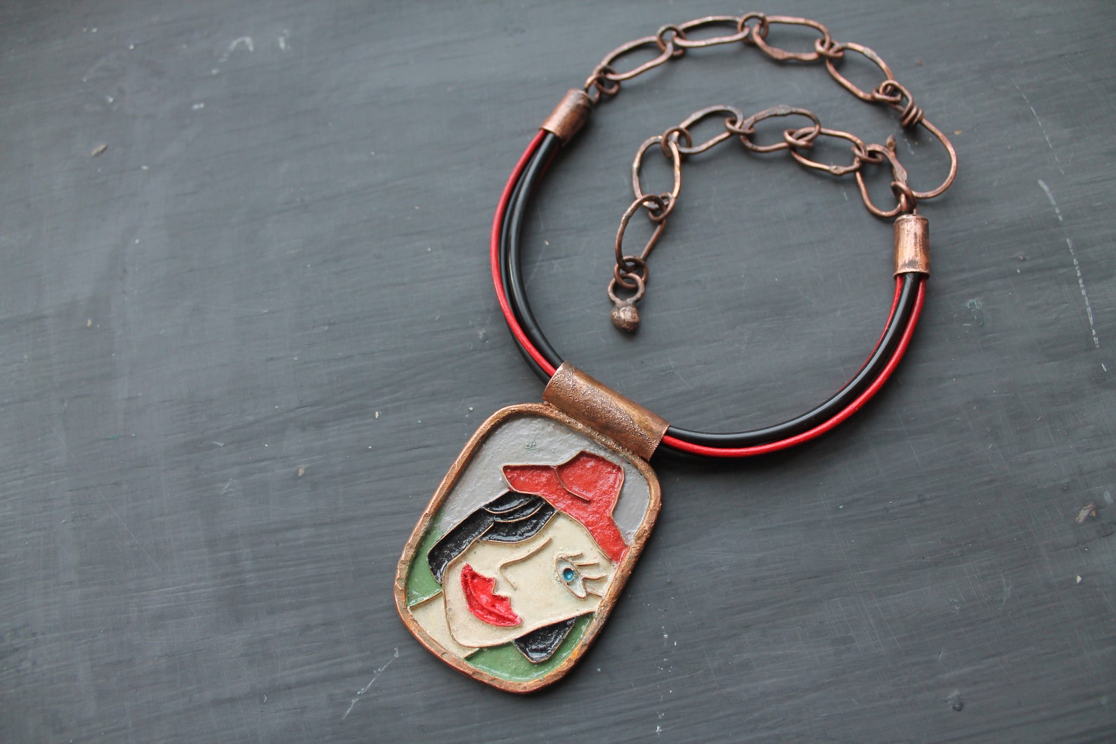 Copper cold enamel necklace Enamel jewelry Face necklace Girl Etsy