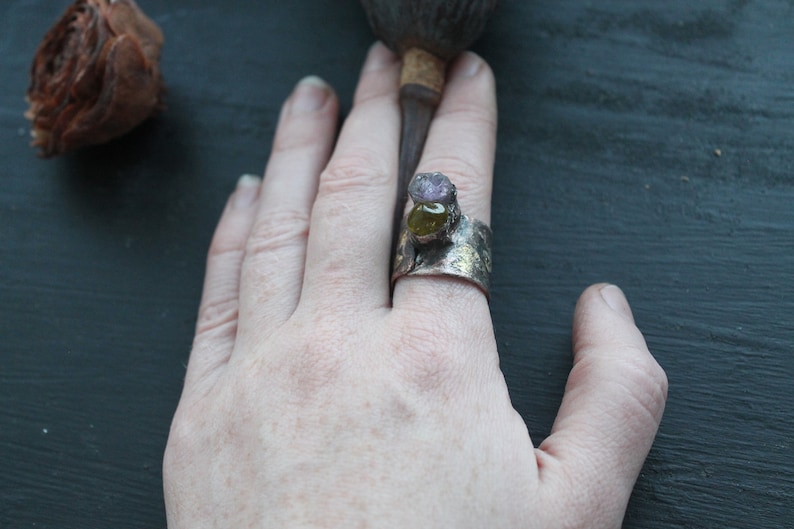 ring artisan ring Amethyst and quartz ring copper ring amethyst crystal artisan jewerly mix metal copper and brass copper gift
