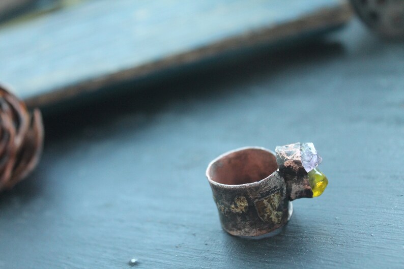 ring artisan ring Amethyst and quartz ring copper ring amethyst crystal artisan jewerly mix metal copper and brass copper gift