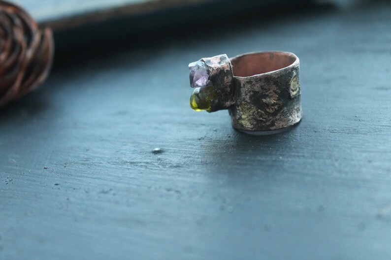 ring artisan ring Amethyst and quartz ring copper ring amethyst crystal artisan jewerly mix metal copper and brass copper gift