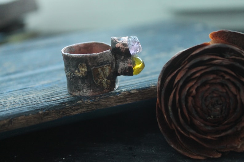 ring artisan ring Amethyst and quartz ring copper ring amethyst crystal artisan jewerly mix metal copper and brass copper gift