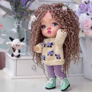 OOAK Art Doll with Outfit Set, Handmade BJD Collectible Doll, Curly Wool Hair Designer Doll, Luxury One of a Kind Gift for Doll Collectors