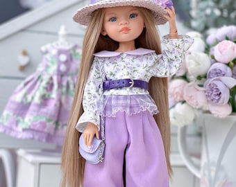 Lavendelfärgad outfit till Paola Reina docka 32 cm, handgjorda blommiga dockkläder med klänning, hatt, väska och sandaler, moderiktig outfit present till flicka