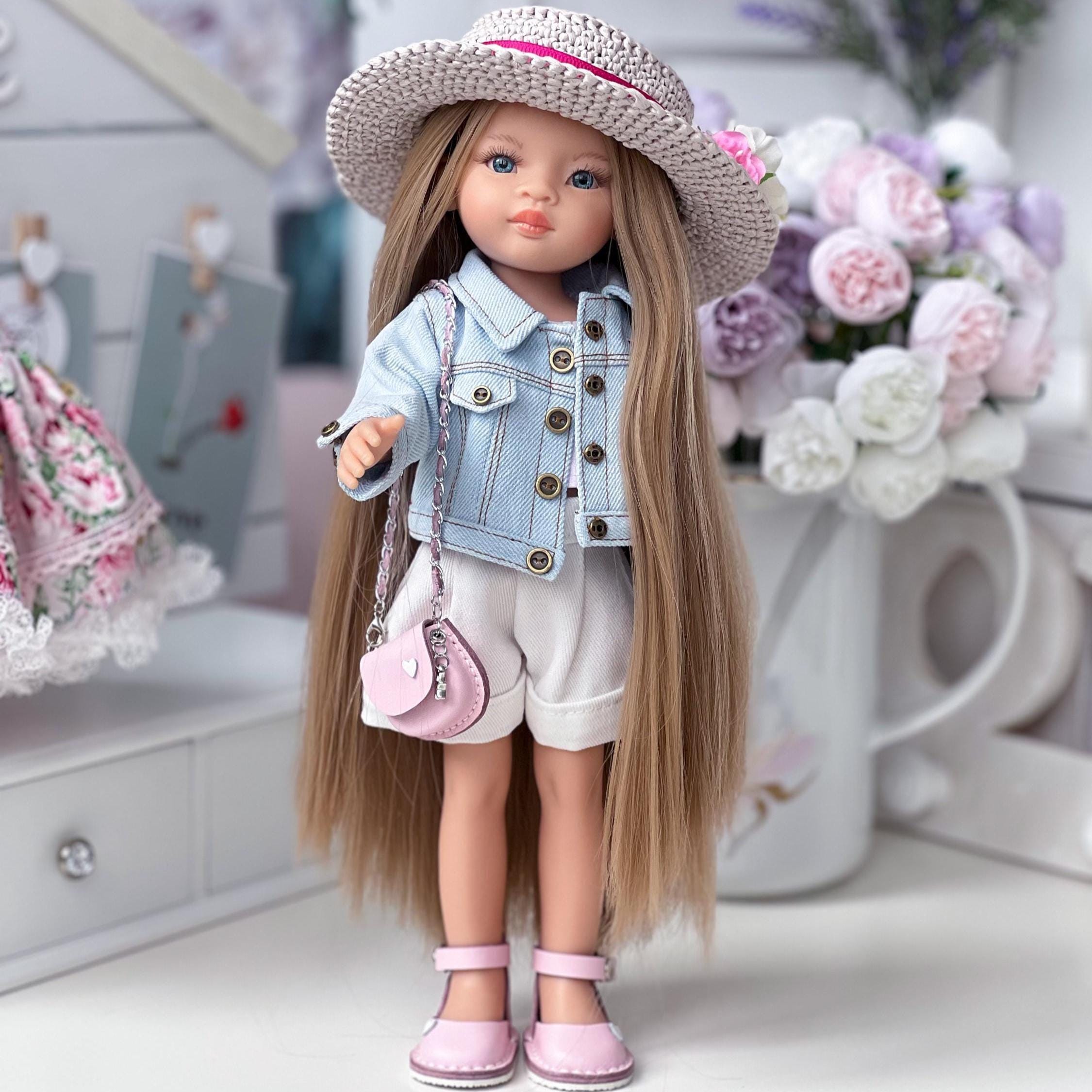 Outfit for Paola Reina Doll 32 cm, Handmade Clothes Set with Floral Dress, Denim Jacket, Bag & Sandals, Doll Wardrobe Gift for Collectors