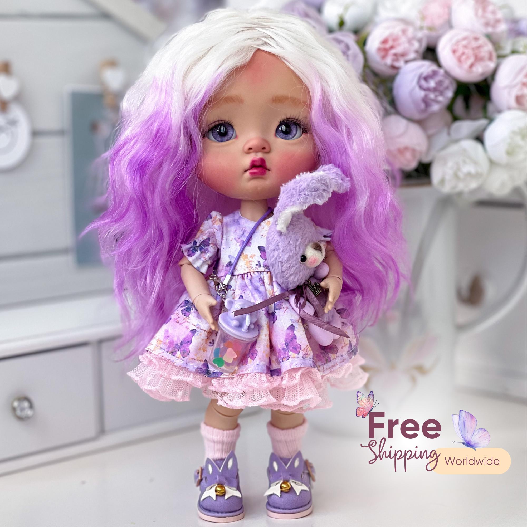 OOAK BJD Doll, Fantasy Art Doll, Amazing Display Doll, Purple Hair Doll, Doll with Bunny Outfit, Gift for Girl, Gift for Sister, Unique Doll