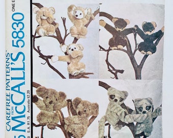 Vintage 1970’s McCall’s 5830, Stuffed Monkey, Koala Bear, Raccoon & Honey Bear Pattern, Pre-cut