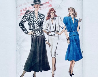 Vintage 1980’s Vogue 9968, Women’s Top & Skirt Pattern, Sz10 B32 1/2” W25” H34 1/2”, Pre-cut