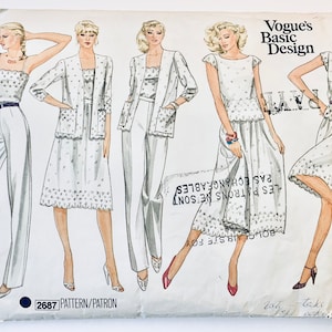 May include: A vintage sewing pattern for a white dress and pants outfit. The pattern includes four different views of the outfit, showing a skirt, pants, and a jacket. The pattern number is 2687.