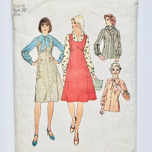 May include: A vintage Simplicity sewing pattern for a dress, size 14, bust 36 inches. The pattern shows three different styles of dresses, all with a similar A-line silhouette. The dresses are shown in a variety of colours and patterns, including floral, striped, and solid.