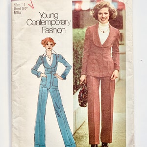 May include: A vintage sewing pattern for a pantsuit. The pattern is for size 4, bust 37 inches. The pattern is from Simplicity and the pattern number is 6602. The model is wearing a pink pantsuit with a white turtleneck.