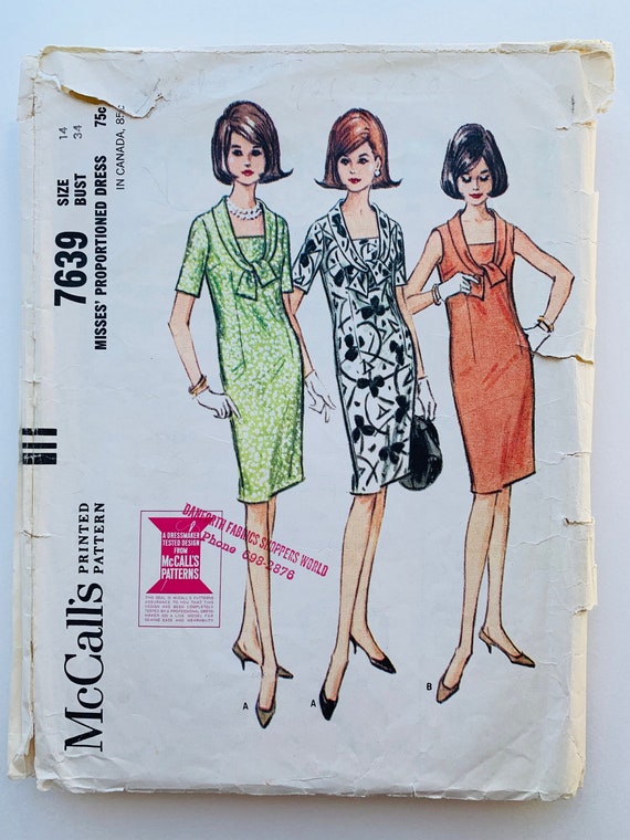 Vintage 1960s McCalls 7639, Womens Dress Pattern, Sz14 B34 W26 H36, Pre-cut Vintage 1960s McCalls 7639, Womens Dress Pattern, Sz14 B34 W26 H36, Pre-cut