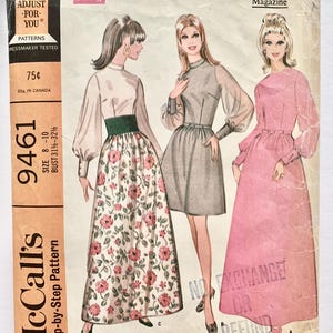 May include: A vintage sewing pattern for a misses' dress in three versions. The pattern is for sizes 8-10 and bust 31 1/2 - 32 inches. The pattern is from McCall's and is called "Adjust-For-You".