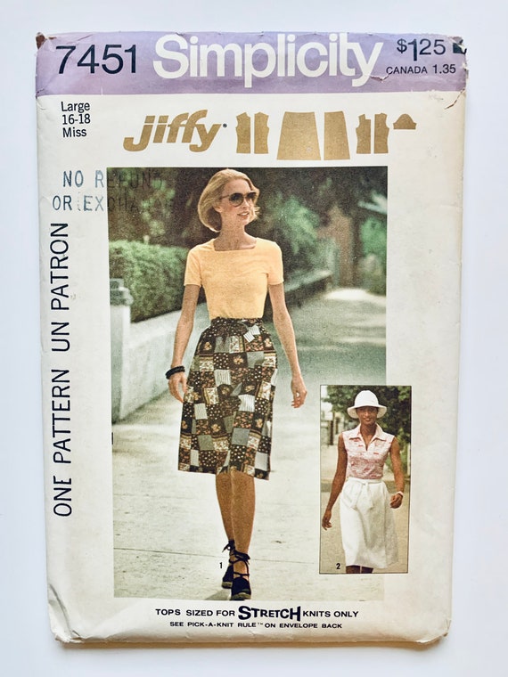 Vintage 1970’s Simplicity 7451, Women’s Wrap Skirt & Stretch Top Pattern,  Sz L (16-18), Pre-cut