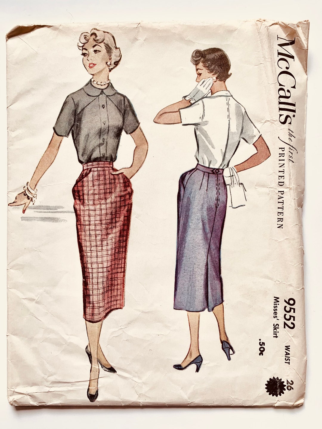 Vintage 1950’s Mccall’s 9552, Women’s Pencil Skirt Pattern, Sz W26” H27”,  Uncut