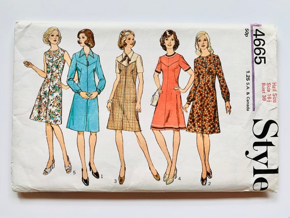 Vintage 1970s Style 4665 Womens A-Line Dress Pattern, Sz16 1/2 B39 W33 H41, Unused Vintage 1970s Style 4665 Womens A-Line Dress Pattern, Sz16 1/2 B39 W33 H41, Unused