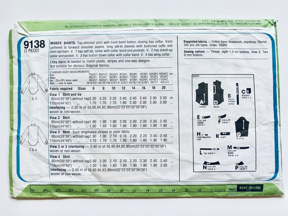 Vintage 1970's Simplicity 9138, Women's Shirt Pattern, Sz16